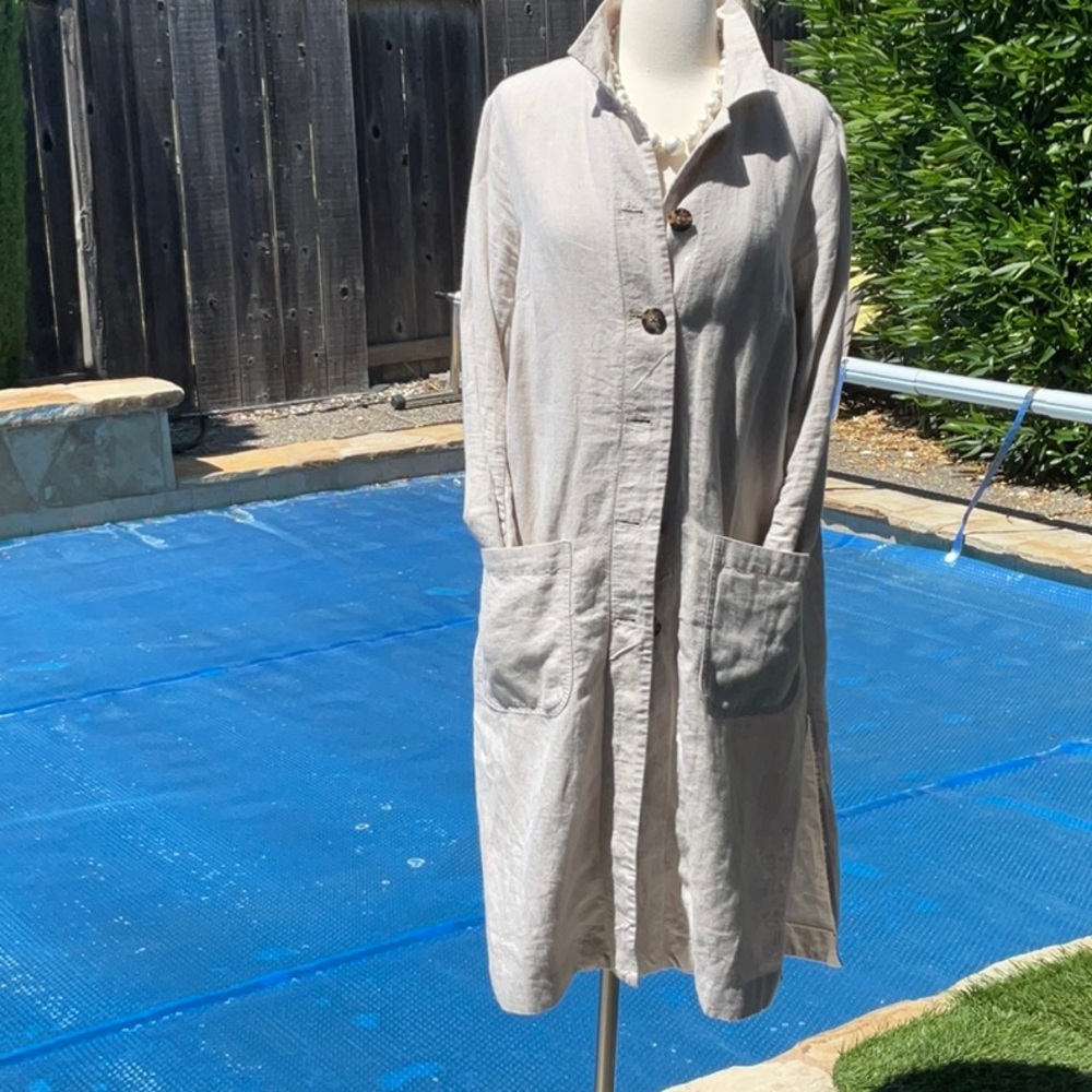 Light Beige Long Linen Coat with Patch Pockets